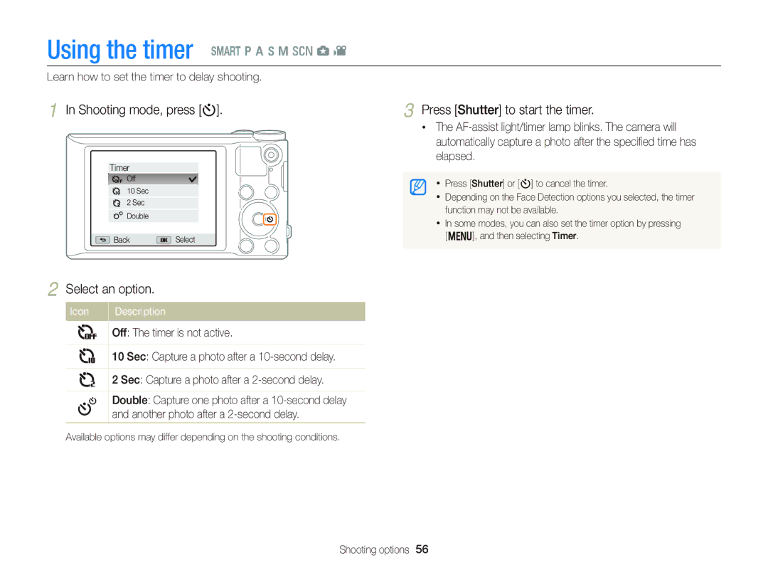 Samsung EC-WB150FBPRFR manual Using the timer T p a h M s g, Shooting mode, press t, Press Shutter to start the timer 