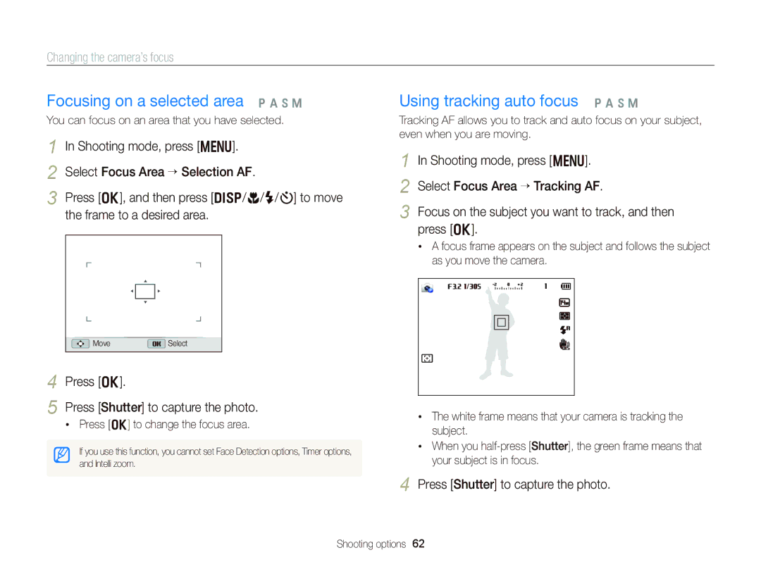 Samsung EC-WB150FBPRE1, EC-WB150FBPWE1 manual Focusing on a selected area p a h M, Using tracking auto focus p a h M 