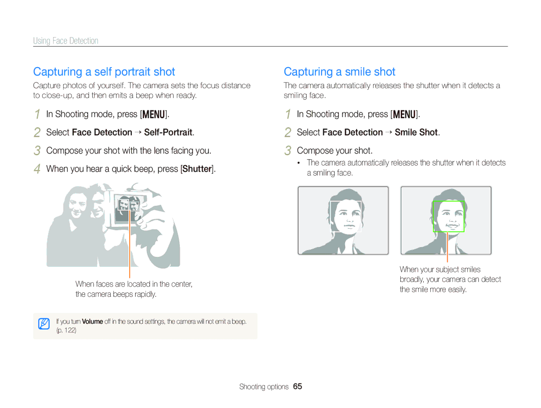 Samsung EC-WB150FBPWAE, EC-WB150FBPWE1 manual Capturing a self portrait shot, Capturing a smile shot, Using Face Detection 