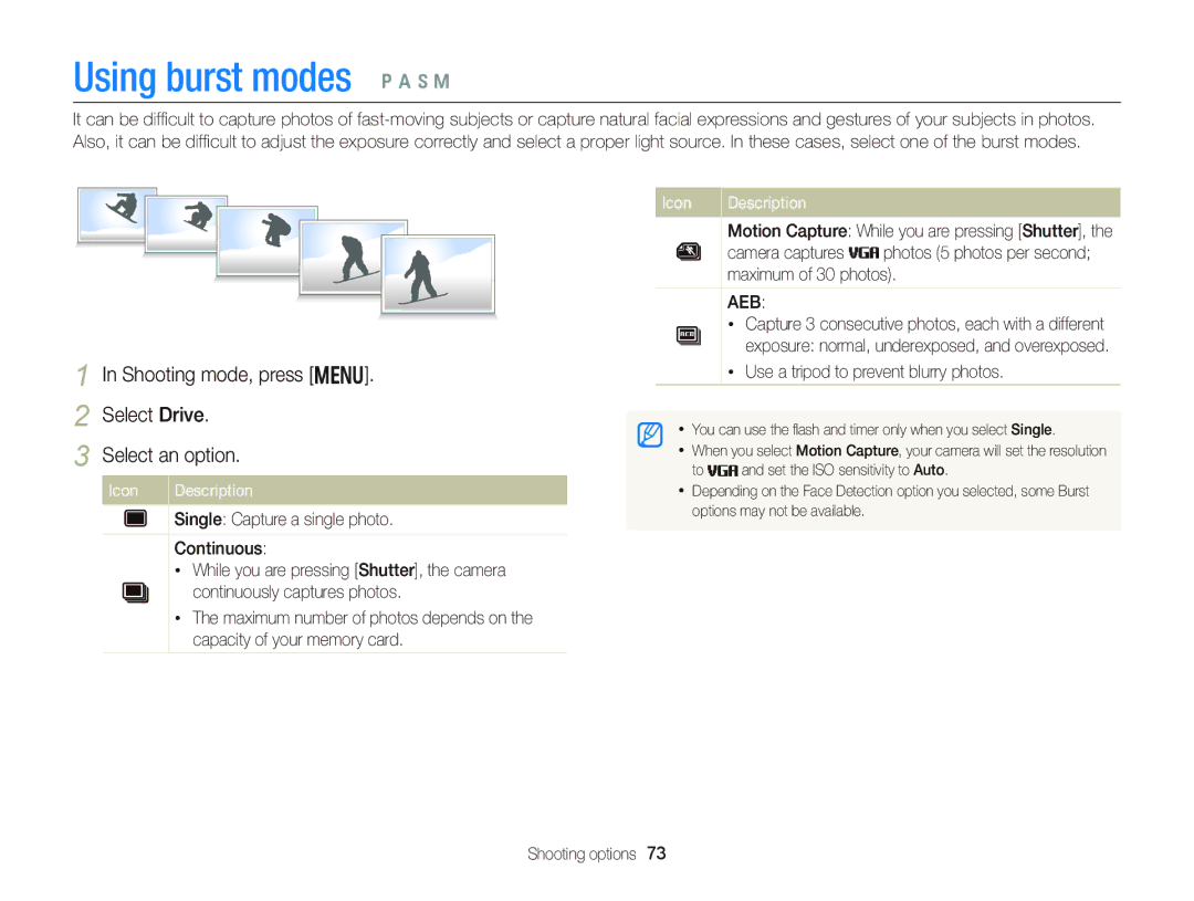 Samsung EC-WB150FDPBME Using burst modes p a h M, Shooting mode, press m Select Drive Select an option, Camera captures 