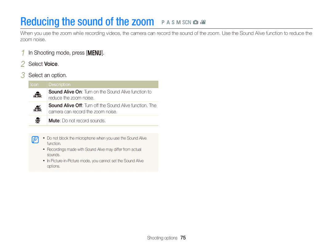 Samsung EC-WB150FBPWSA Reducing the sound of the zoom p a h M s g, Shooting mode, press m Select Voice Select an option 