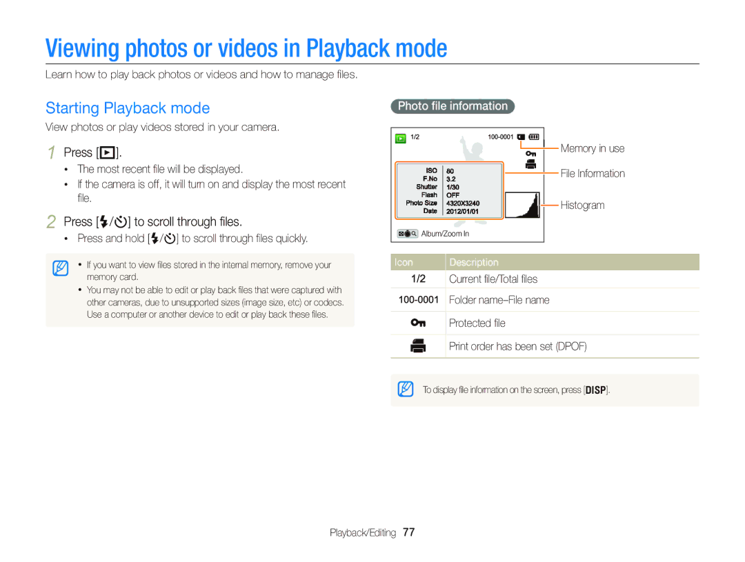 Samsung EC-WB150FBDWSA Viewing photos or videos in Playback mode, Starting Playback mode, Press P, Photo ﬁle information 