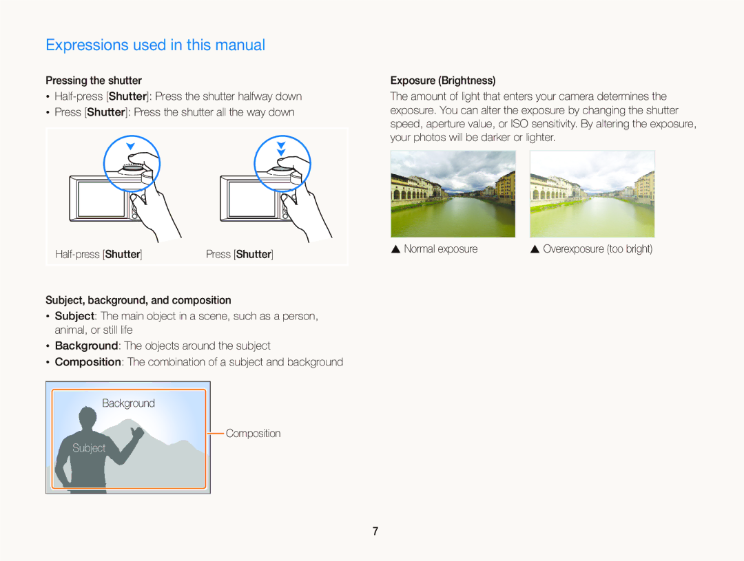 Samsung EC-WB150FBPWIL, EC-WB150FBPWE1, EC-WB150FBPBE1, EC-WB150FBPWFR Expressions used in this manual, Subject 