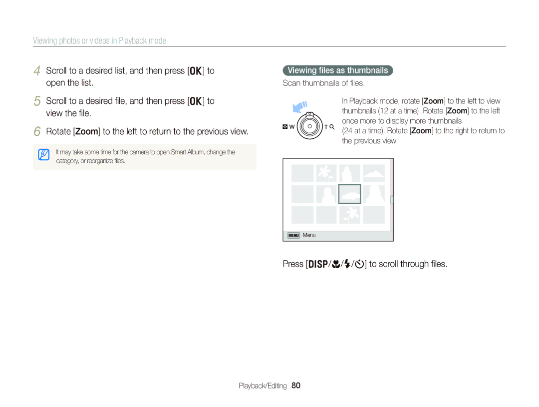 Samsung EC-WB150FDPWME manual Press D/c/F/t to scroll through ﬁles, Viewing ﬁles as thumbnails, Scan thumbnails of ﬁles 