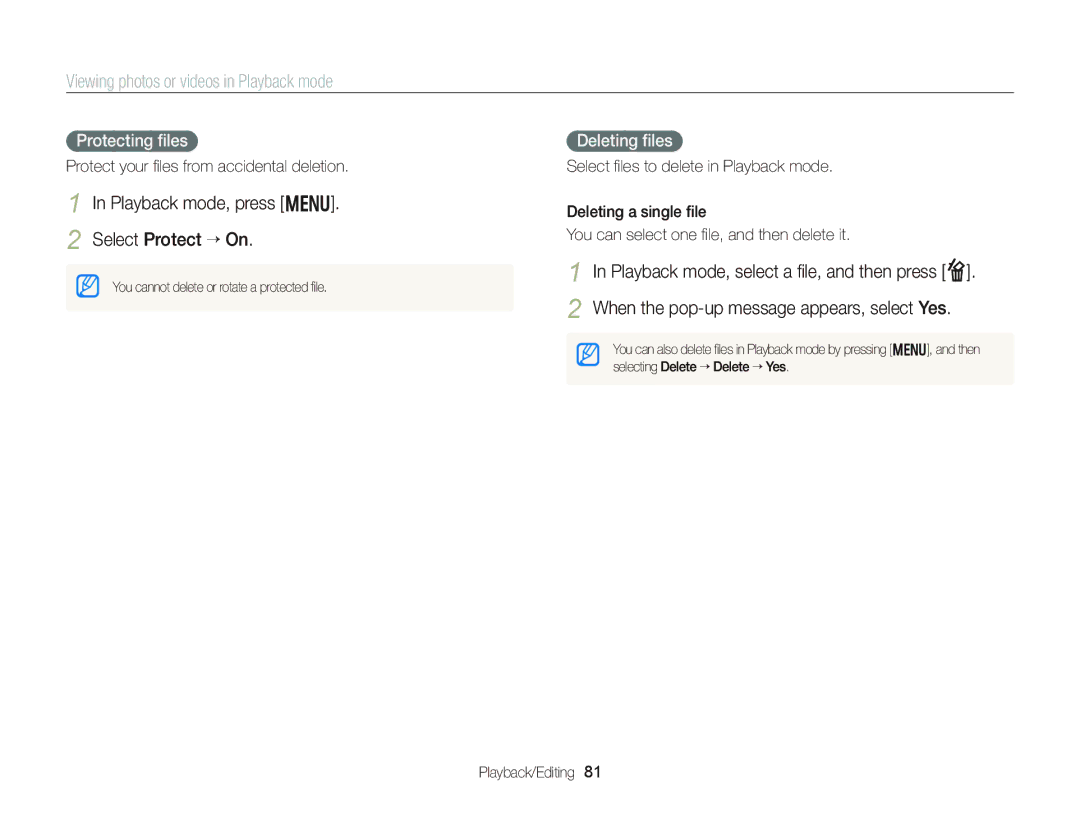 Samsung EC-WB150FBPBRU, EC-WB150FBPWE1 manual Playback mode, press m Select Protect “ On, Protecting ﬁles, Deleting ﬁles 