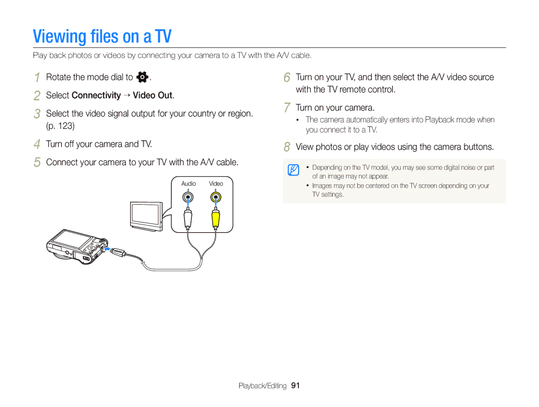 Samsung EC-WB150FBPRE2, EC-WB150FBPWE1 manual Viewing ﬁles on a TV, View photos or play videos using the camera buttons 