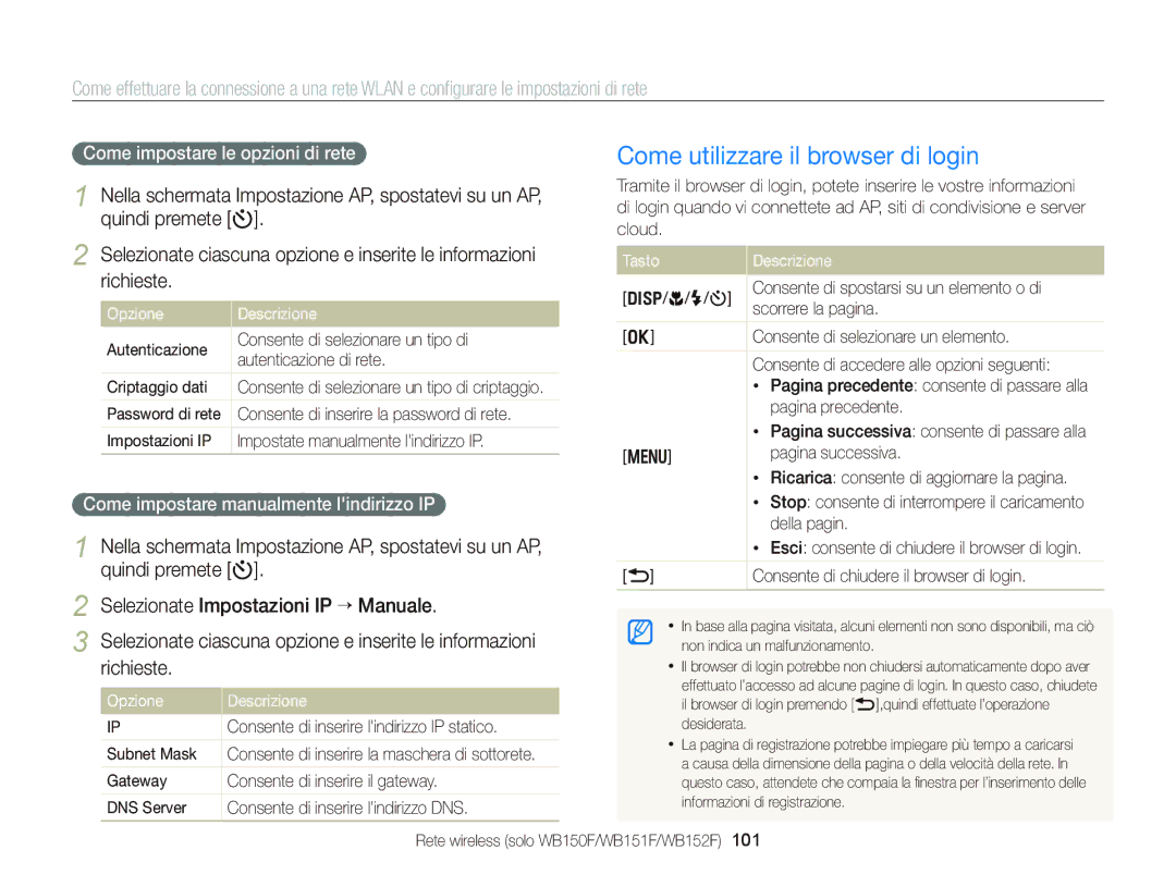 Samsung EC-WB150FDDBME manual Come utilizzare il browser di login, Quindi premete t, Selezionate Impostazioni IP “ Manuale 