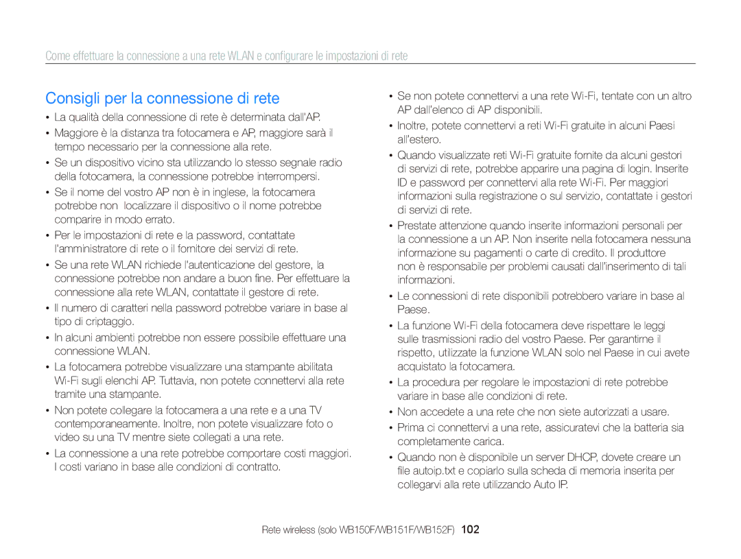 Samsung EC-WB150FDDWME, EC-WB150FBPWE1, EC-WB150FBPBE1, EC-WB150FDDBME manual Consigli per la connessione di rete 