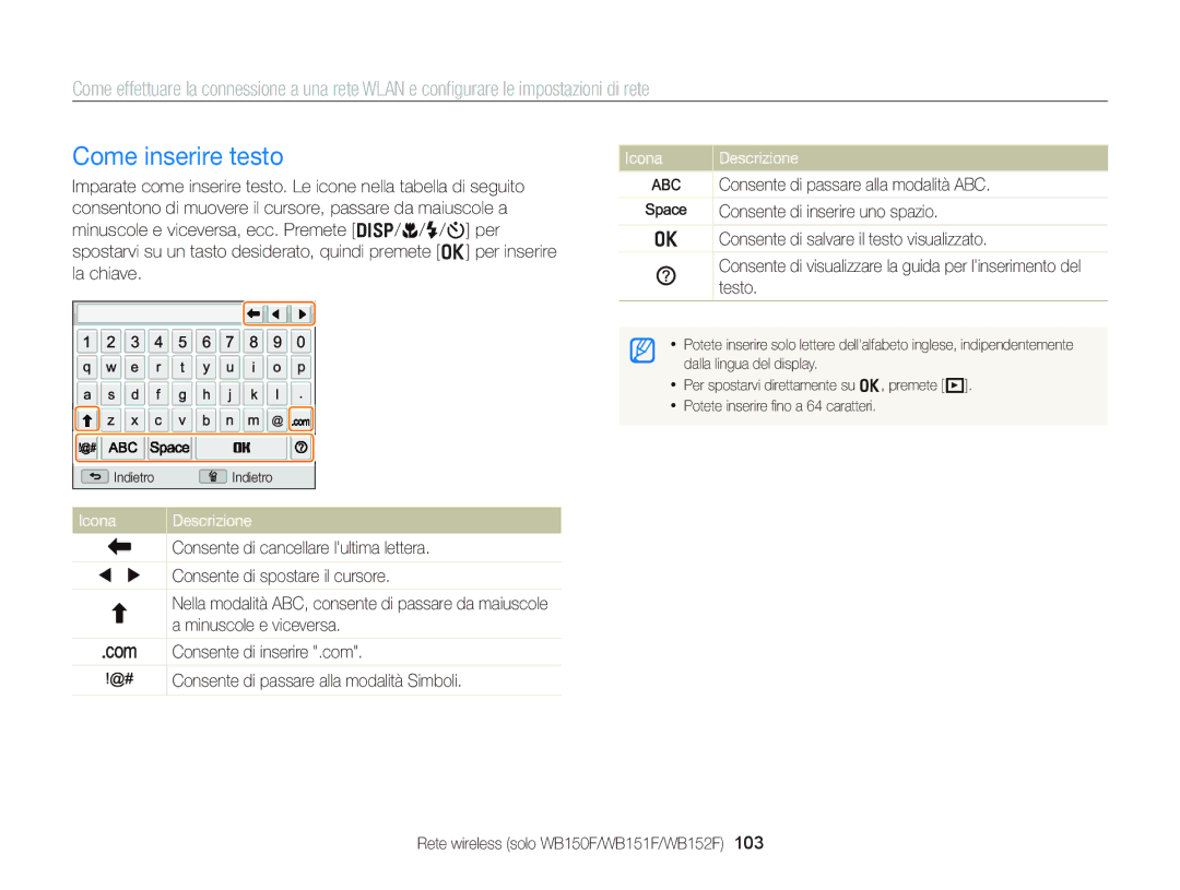 Samsung EC-WB150FBPWE1, EC-WB150FBPBE1, EC-WB150FDDBME, EC-WB150FDDWME manual Come inserire testo 