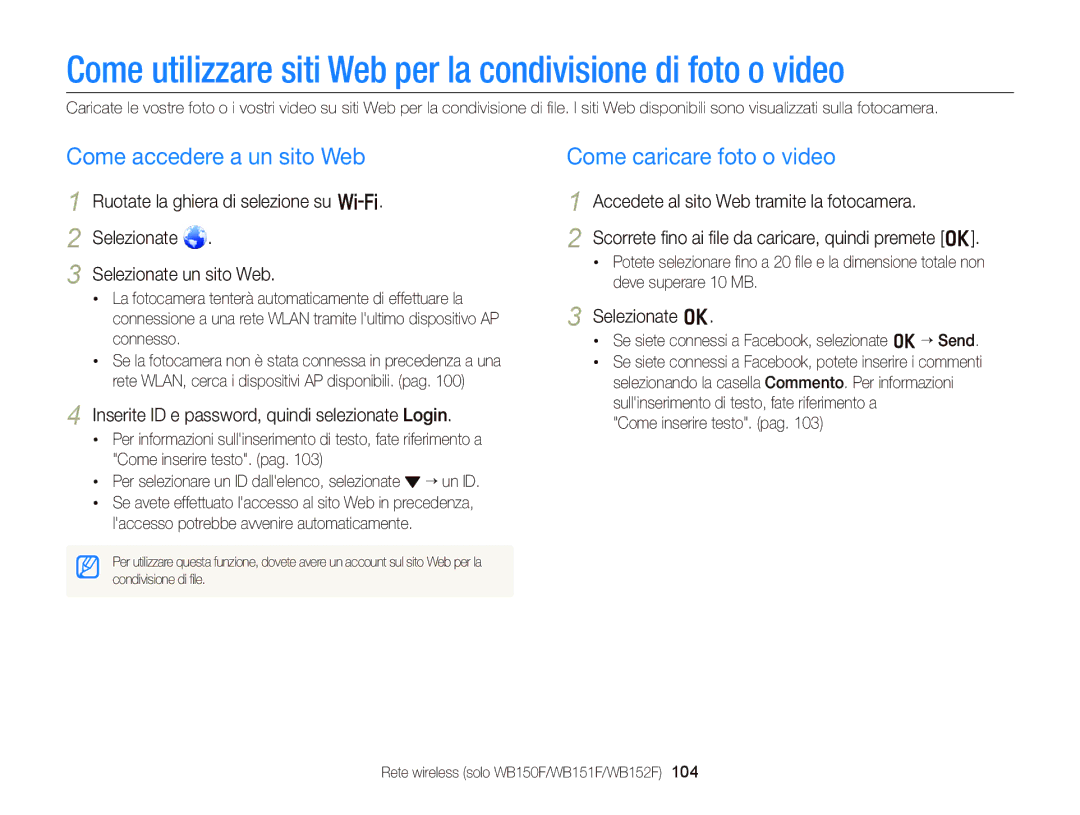 Samsung EC-WB150FBPBE1, EC-WB150FBPWE1 manual Come accedere a un sito Web, Come caricare foto o video, Selezionate o 