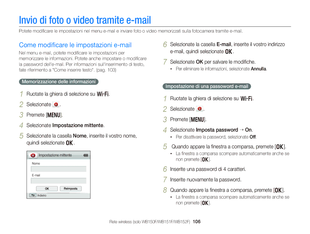 Samsung EC-WB150FDDWME, EC-WB150FBPWE1 manual Invio di foto o video tramite e-mail, Come modiﬁcare le impostazioni e-mail 