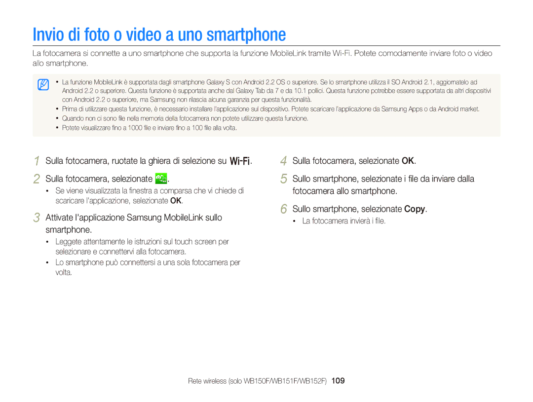 Samsung EC-WB150FDDBME Invio di foto o video a uno smartphone, Attivate lapplicazione Samsung MobileLink sullo smartphone 