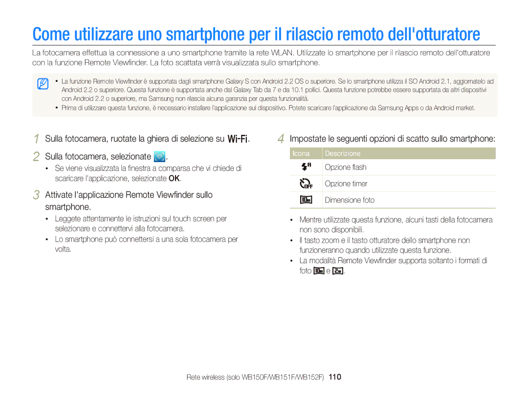 Samsung EC-WB150FDDWME, EC-WB150FBPWE1, EC-WB150FBPBE1 Attivate lapplicazione Remote Viewﬁnder sullo smartphone, Foto e 