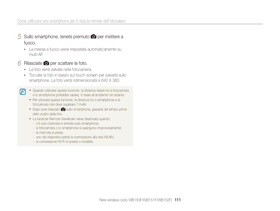 Samsung EC-WB150FBPWE1 manual Sullo smartphone, tenete premuto per mettere a fuoco, Rilasciate per scattare la foto 