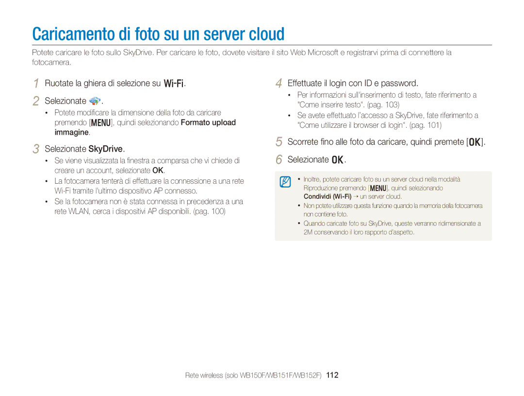 Samsung EC-WB150FBPBE1 Caricamento di foto su un server cloud, Selezionate SkyDrive, Effettuate il login con ID e password 