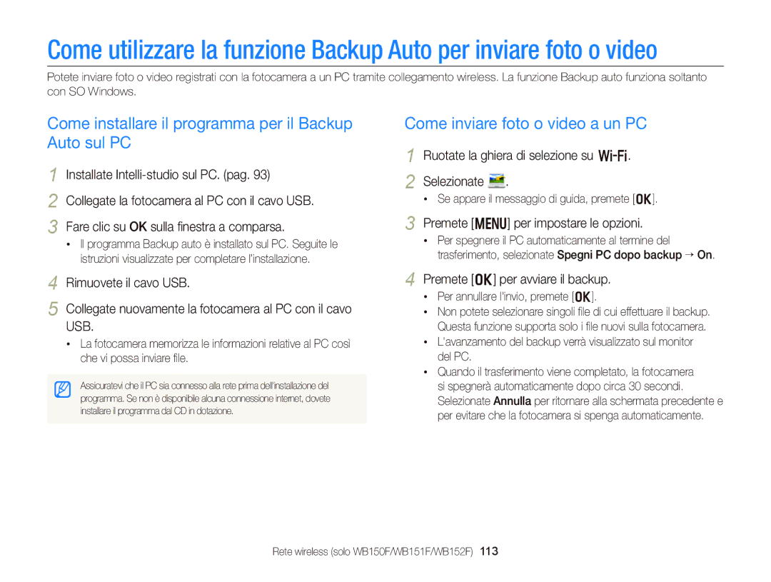 Samsung EC-WB150FDDBME manual Come installare il programma per il Backup Auto sul PC, Come inviare foto o video a un PC 