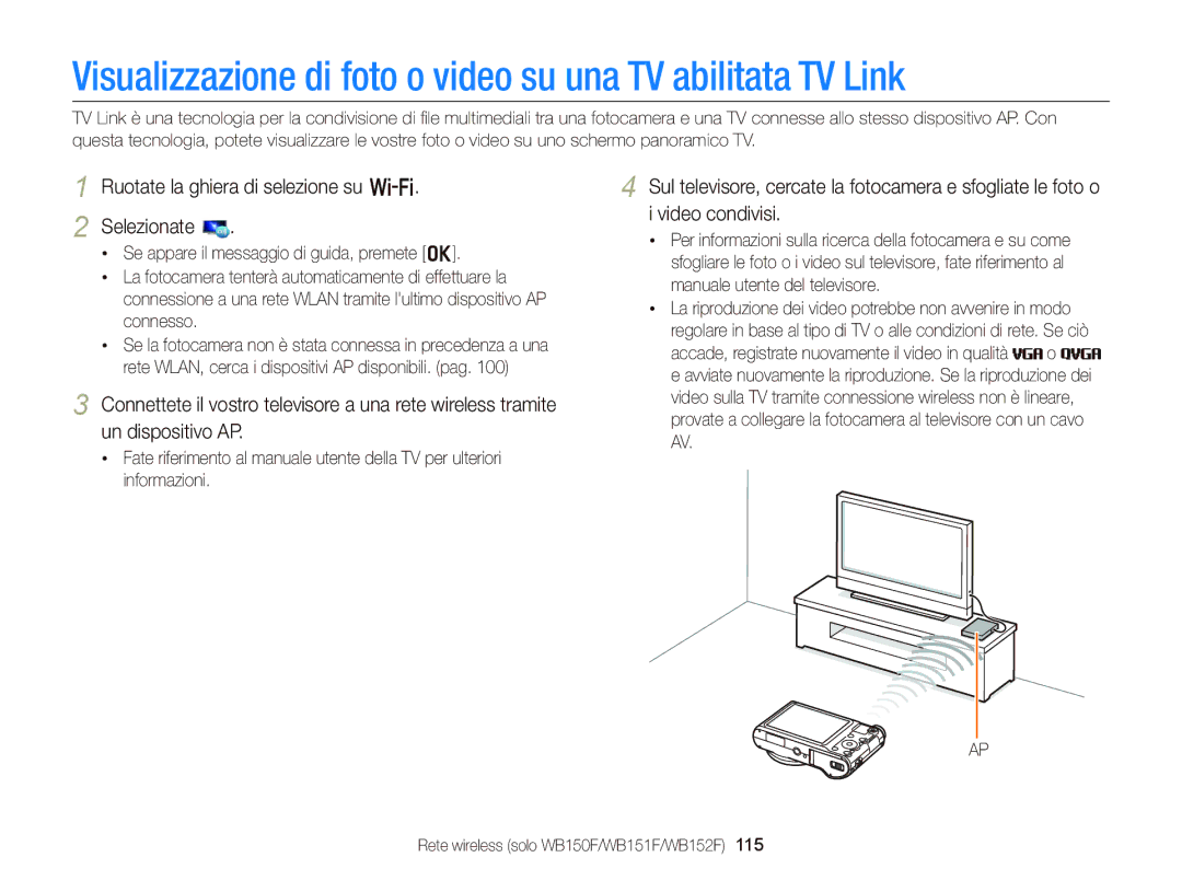 Samsung EC-WB150FBPWE1, EC-WB150FBPBE1, EC-WB150FDDBME manual Visualizzazione di foto o video su una TV abilitata TV Link 