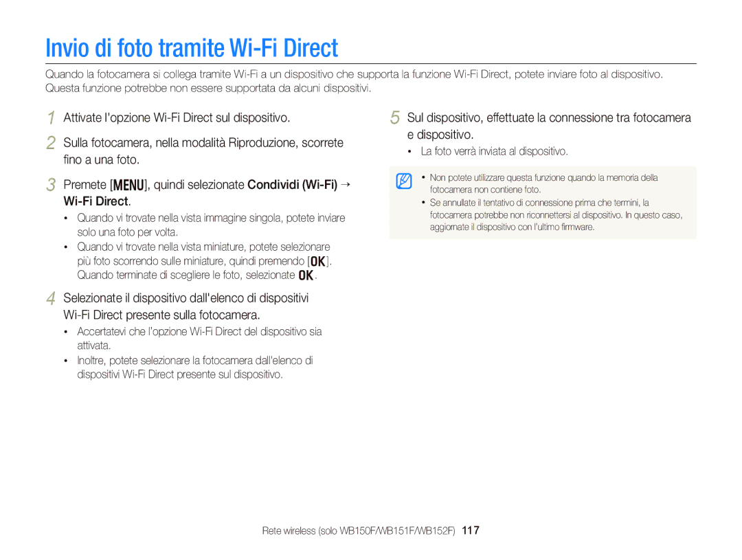 Samsung EC-WB150FDDBME, EC-WB150FBPWE1 manual Invio di foto tramite Wi-Fi Direct, La foto verrà inviata al dispositivo 