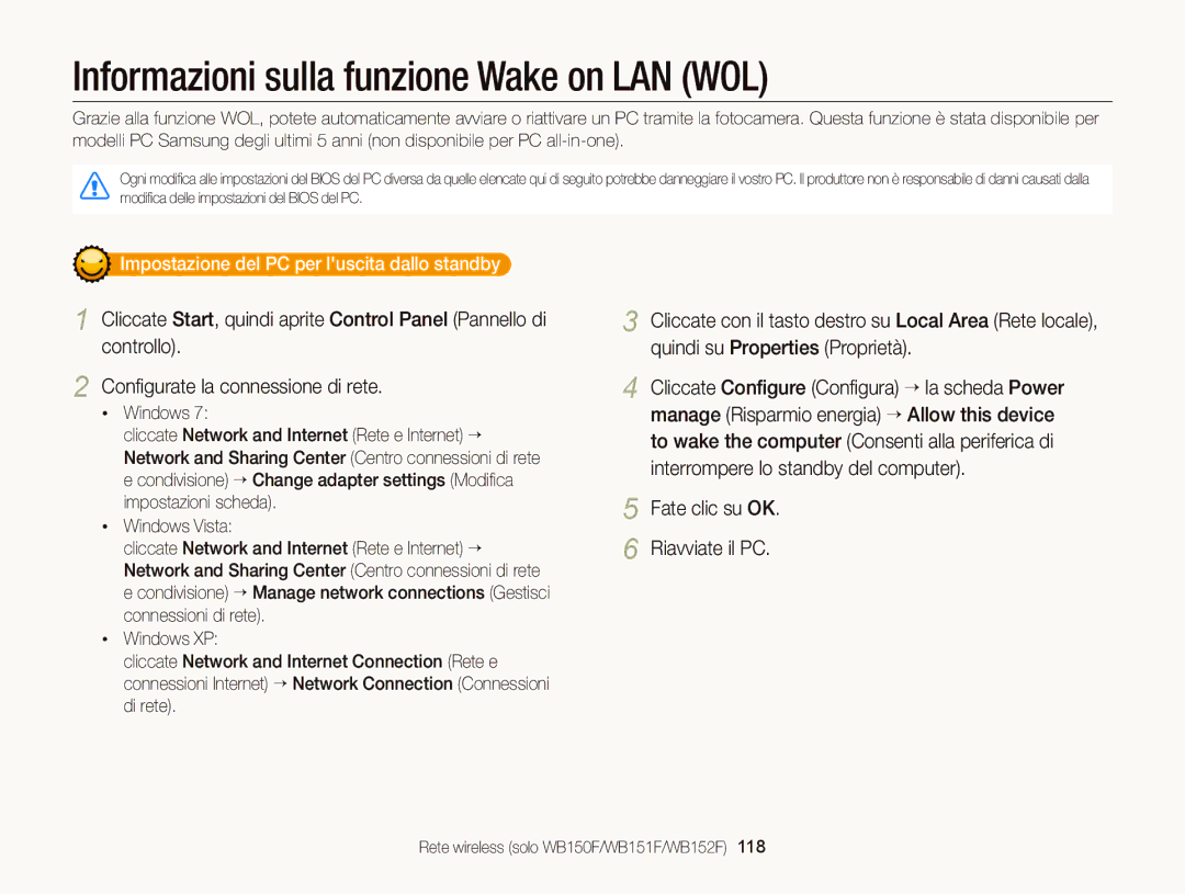 Samsung EC-WB150FDDWME manual Fate clic su OK Riavviate il PC, Impostazione del PC per luscita dallo standby, Windows 