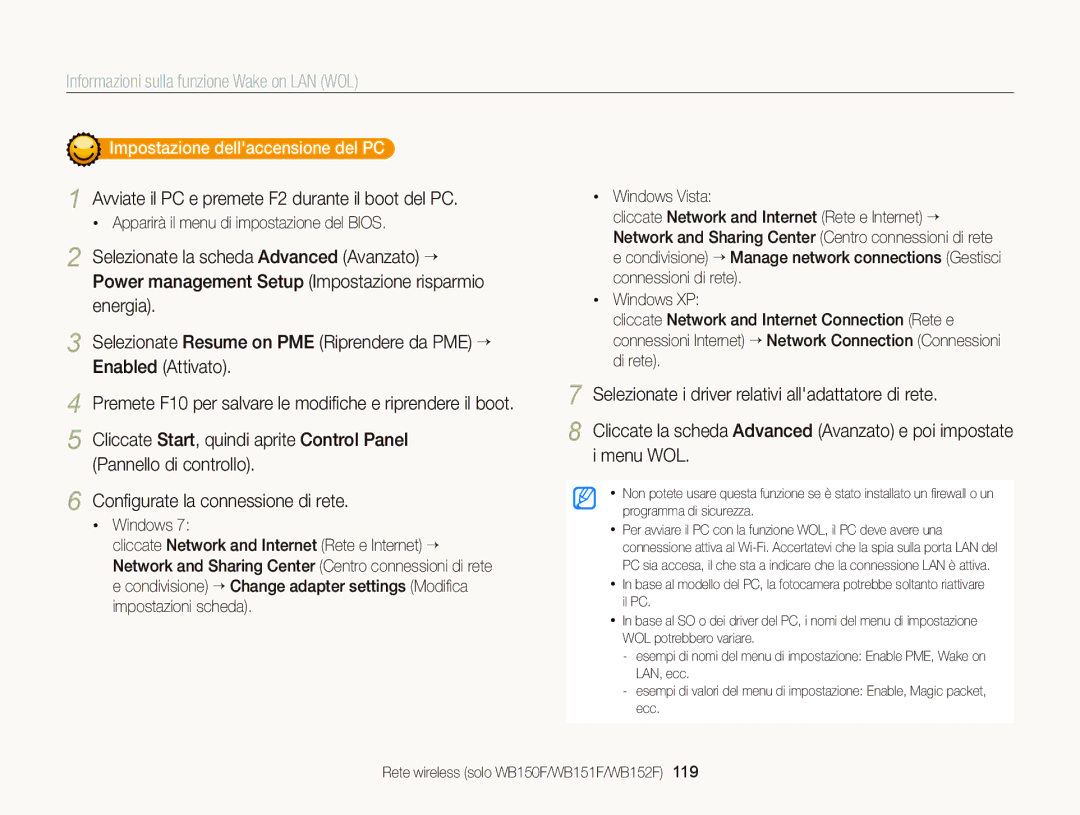 Samsung EC-WB150FBPWE1 Informazioni sulla funzione Wake on LAN WOL, Avviate il PC e premete F2 durante il boot del PC 