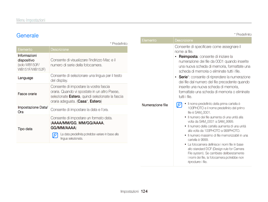 Samsung EC-WB150FBPBE1 manual Generale, Consente di impostare la data e lora, Ora Consente di impostare un formato data 