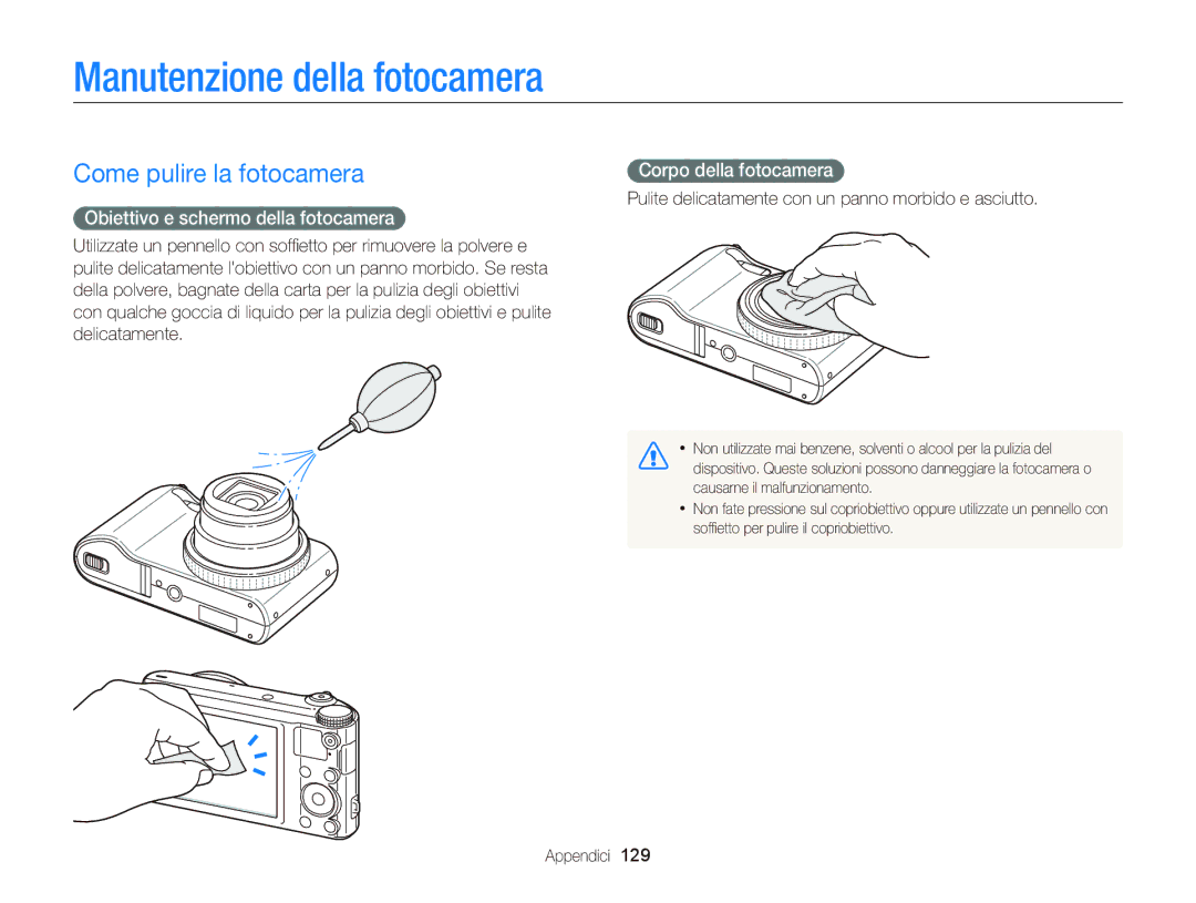 Samsung EC-WB150FDDBME Manutenzione della fotocamera, Come pulire la fotocamera, Obiettivo e schermo della fotocamera 