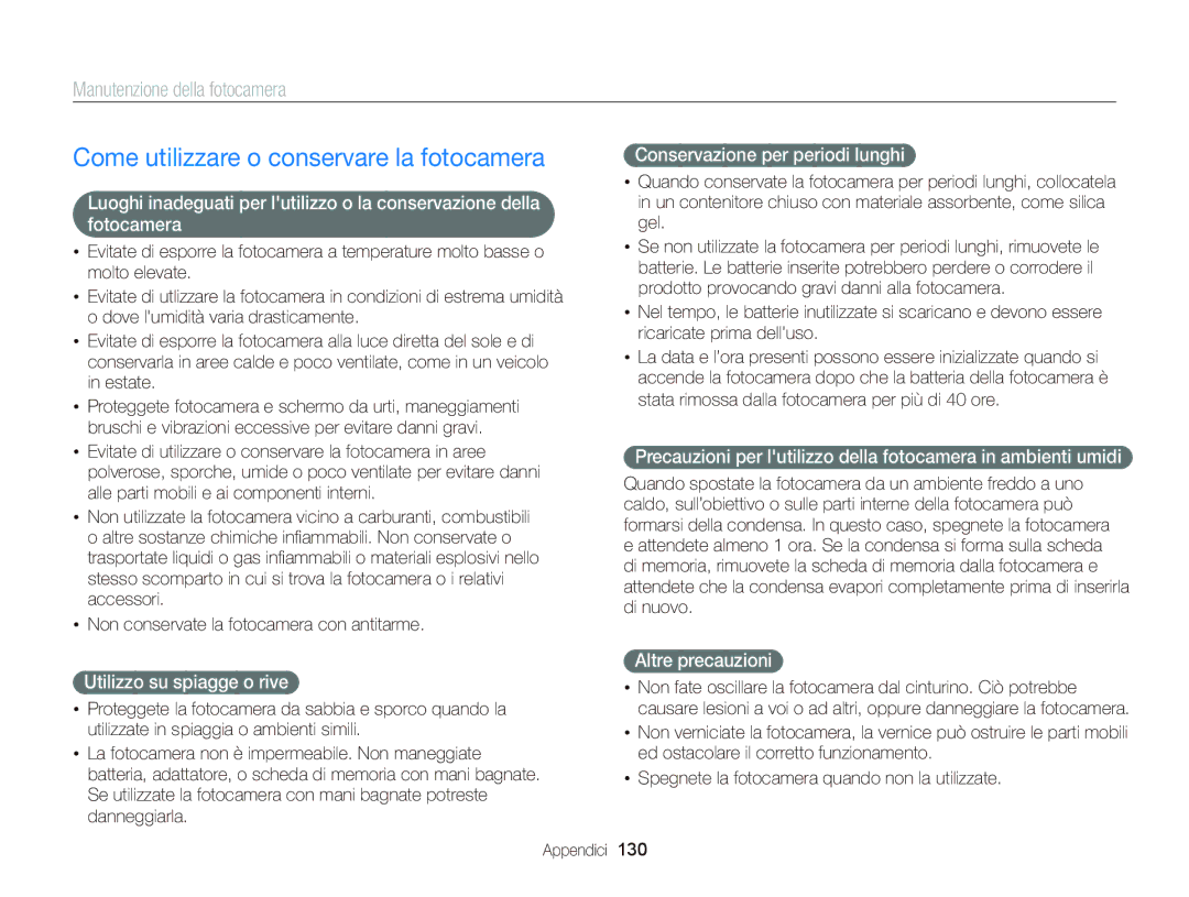 Samsung EC-WB150FDDWME manual Come utilizzare o conservare la fotocamera, Manutenzione della fotocamera, Altre precauzioni 