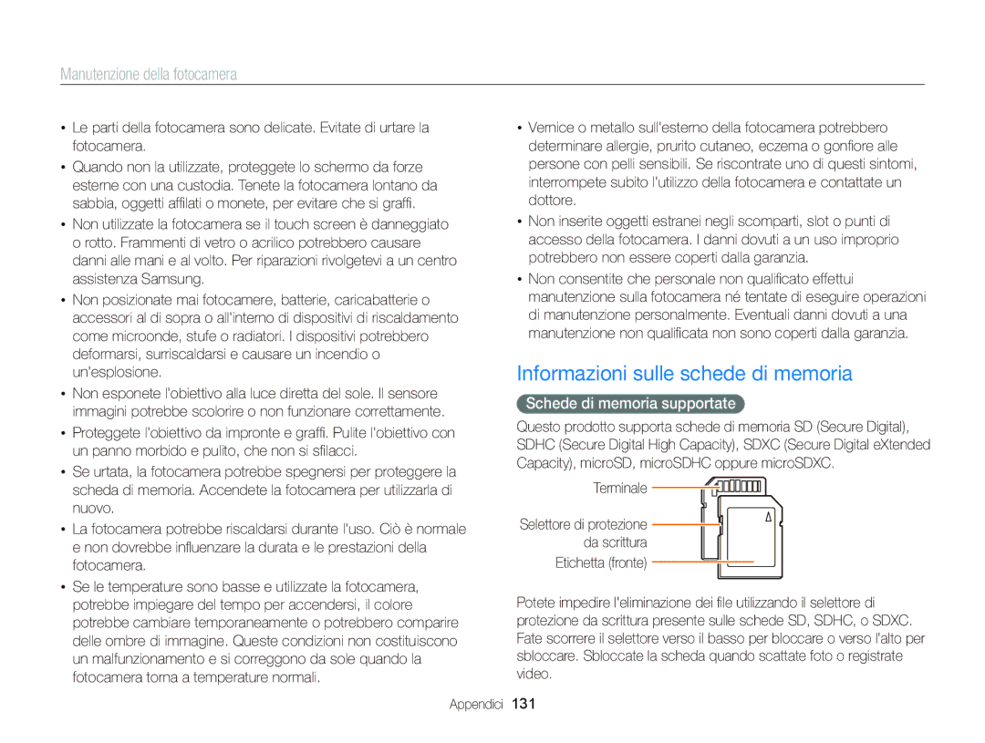 Samsung EC-WB150FBPWE1, EC-WB150FBPBE1 manual Informazioni sulle schede di memoria, Schede di memoria supportate, Terminale 