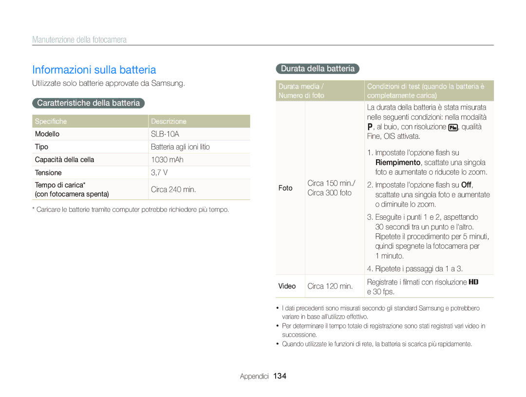 Samsung EC-WB150FDDWME, EC-WB150FBPWE1 Informazioni sulla batteria, Caratteristiche della batteria, Durata della batteria 