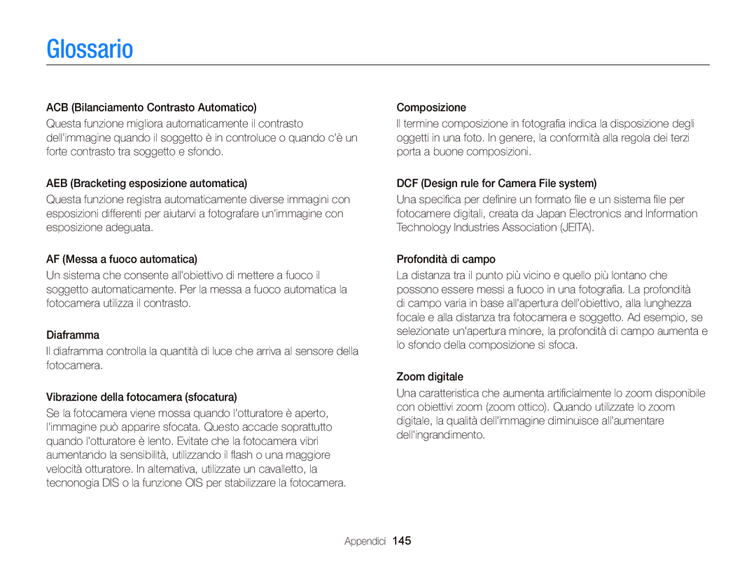 Samsung EC-WB150FDDBME, EC-WB150FBPWE1, EC-WB150FBPBE1, EC-WB150FDDWME manual Glossario 