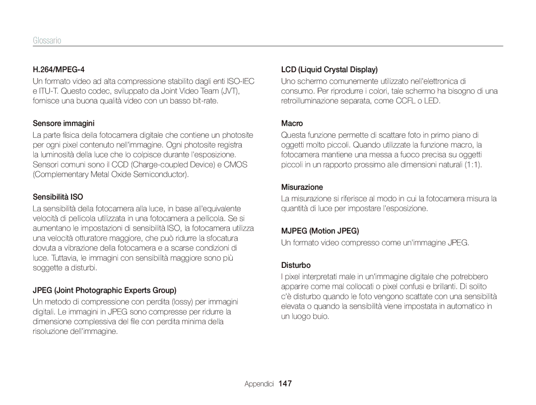 Samsung EC-WB150FBPWE1, EC-WB150FBPBE1, EC-WB150FDDBME, EC-WB150FDDWME manual 264/MPEG-4, Sensore immagini 