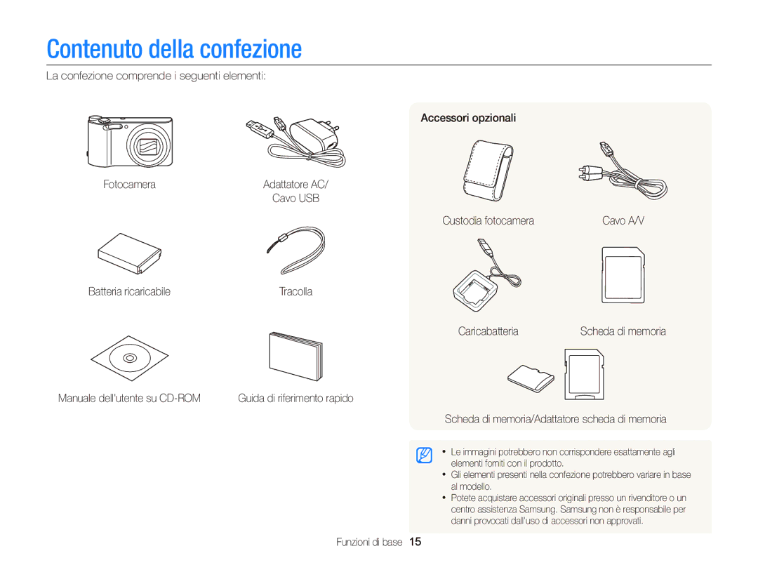 Samsung EC-WB150FBPWE1, EC-WB150FBPBE1, EC-WB150FDDBME, EC-WB150FDDWME manual Contenuto della confezione 