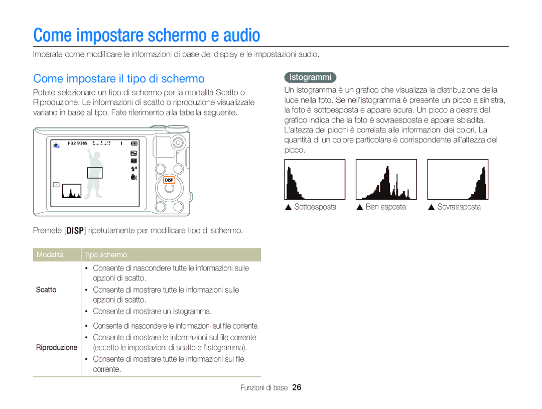 Samsung EC-WB150FDDWME, EC-WB150FBPWE1 manual Come impostare schermo e audio, Come impostare il tipo di schermo, Istogrammi 