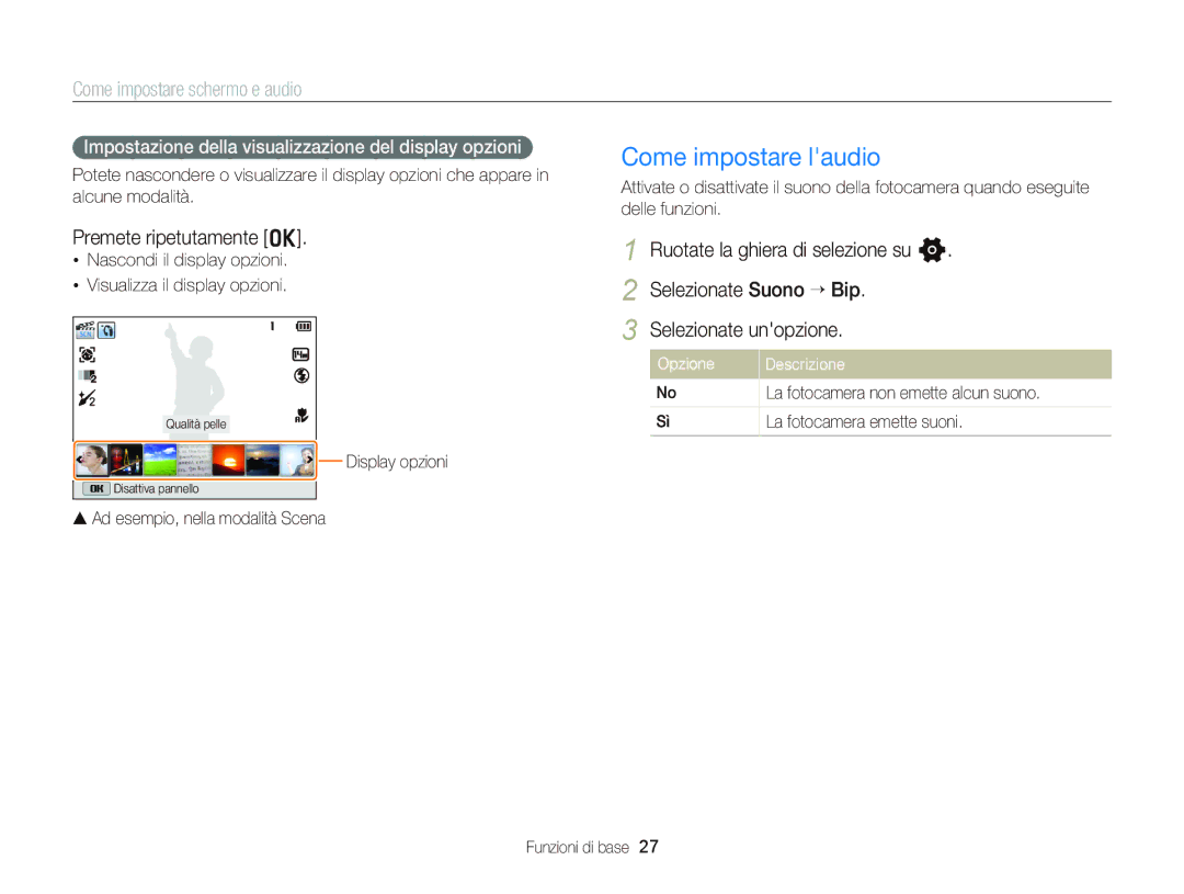 Samsung EC-WB150FBPWE1 Come impostare laudio, Come impostare schermo e audio, Premete ripetutamente o, Opzione Descrizione 