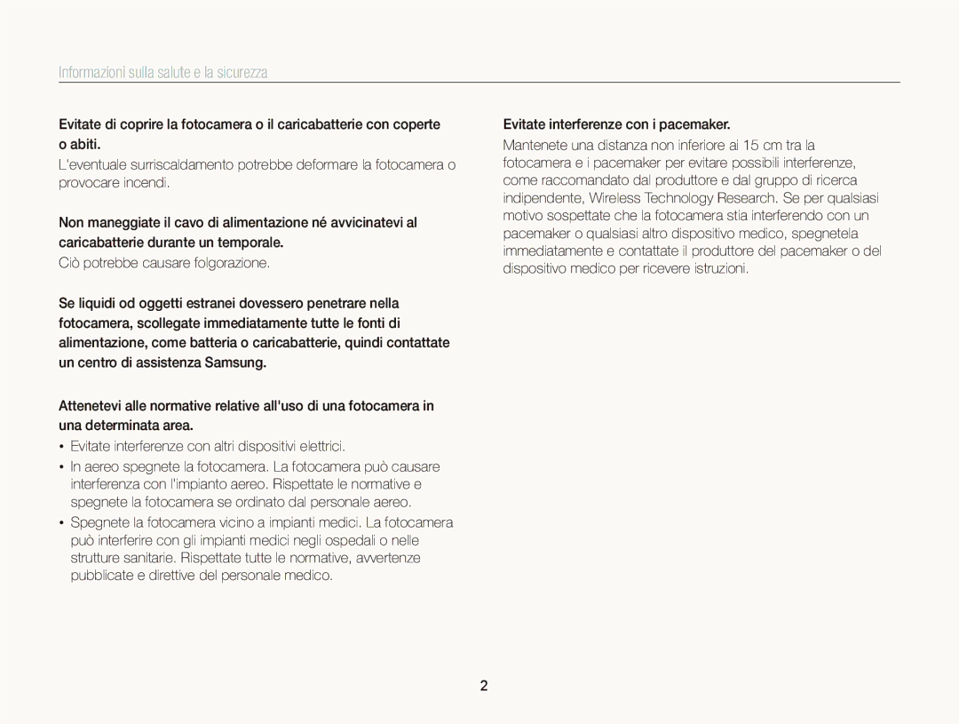 Samsung EC-WB150FDDWME, EC-WB150FBPWE1 manual Informazioni sulla salute e la sicurezza, Evitate interferenze con i pacemaker 