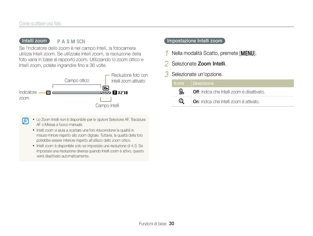 Samsung EC-WB150FDDWME, EC-WB150FBPWE1 Nella modalità Scatto, premete m Selezionate Zoom Intelli, Intelli zoom p a h M s 