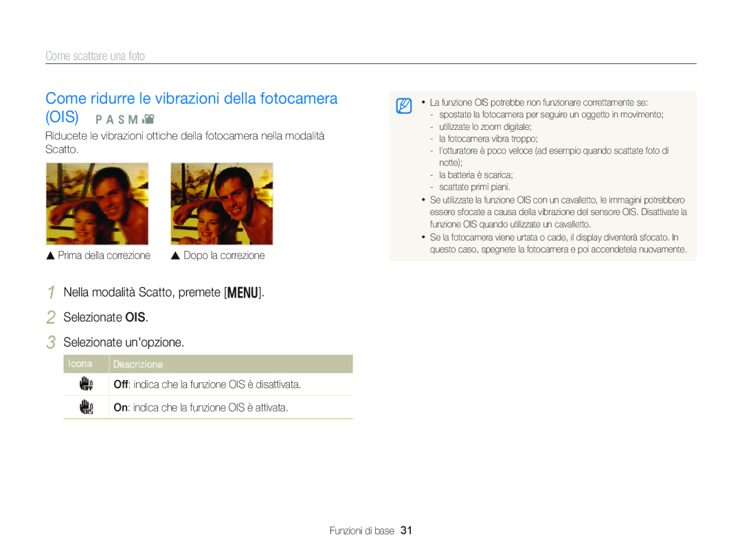Samsung EC-WB150FBPWE1, EC-WB150FBPBE1, EC-WB150FDDBME Come ridurre le vibrazioni della fotocamera OIS, Icona Descrizione 