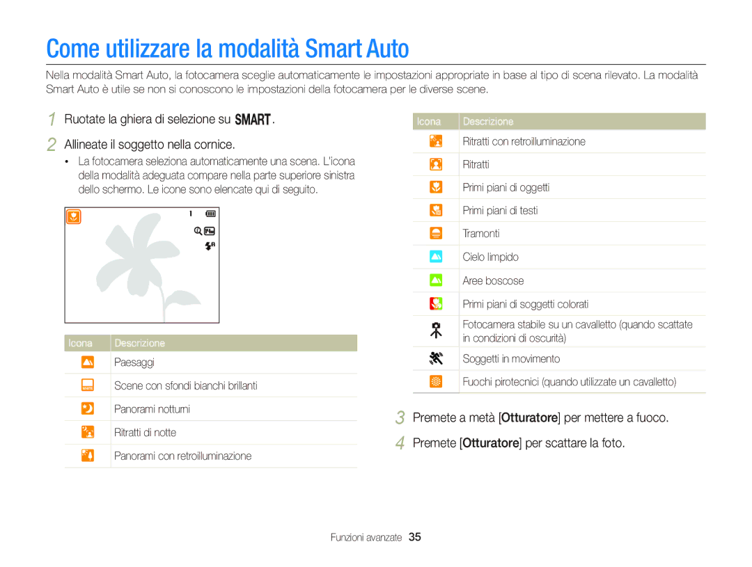 Samsung EC-WB150FBPWE1, EC-WB150FBPBE1, EC-WB150FDDBME, EC-WB150FDDWME manual Come utilizzare la modalità Smart Auto 