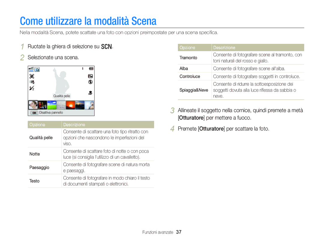 Samsung EC-WB150FDDBME manual Come utilizzare la modalità Scena, Ruotate la ghiera di selezione su s Selezionate una scena 