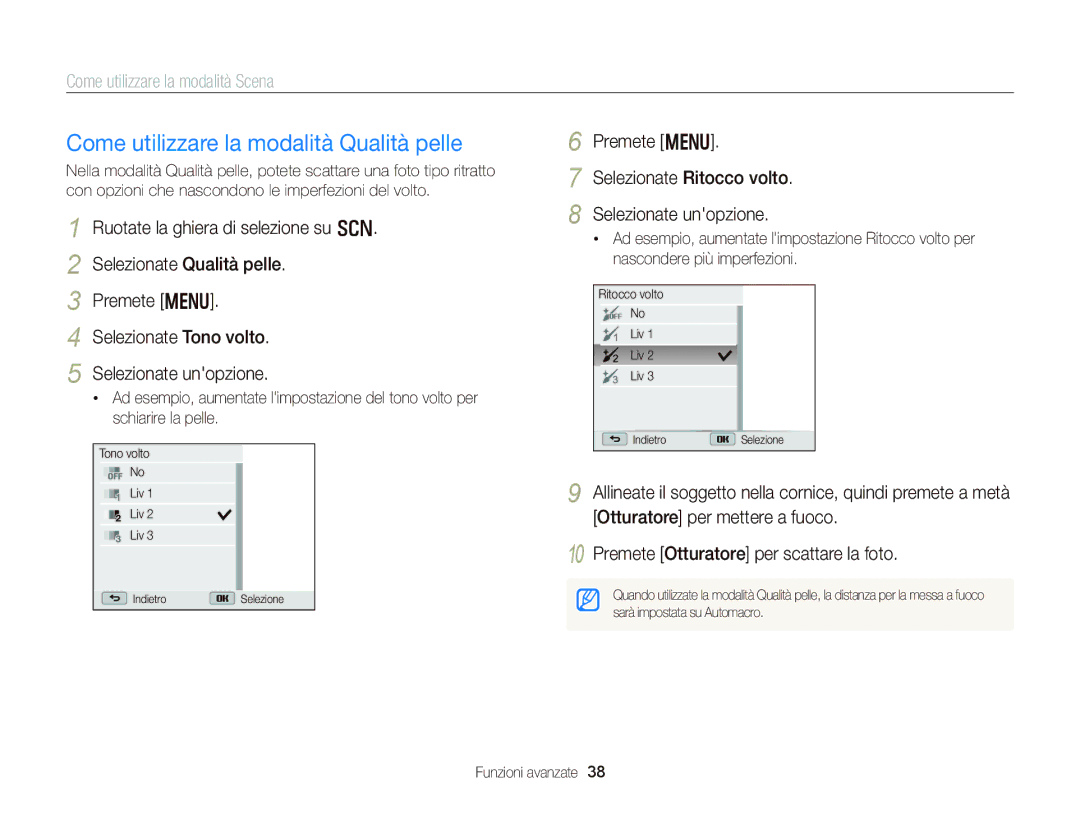 Samsung EC-WB150FDDWME, EC-WB150FBPWE1 manual Come utilizzare la modalità Qualità pelle, Come utilizzare la modalità Scena 