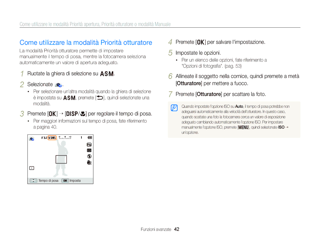 Samsung EC-WB150FDDWME Come utilizzare la modalità Priorità otturatore, Premete o “ D/c per regolare il tempo di posa 