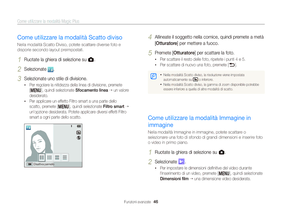 Samsung EC-WB150FDDWME manual Come utilizzare la modalità Scatto diviso, Come utilizzare la modalità Immagine in immagine 