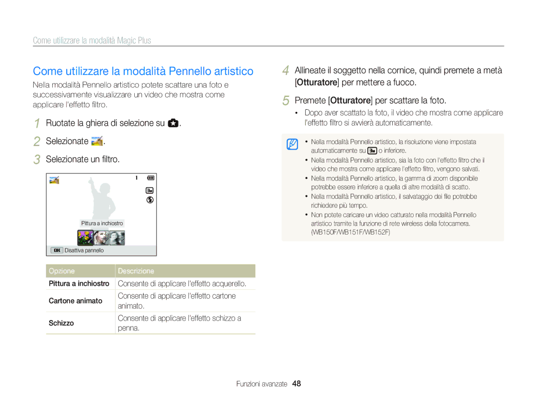 Samsung EC-WB150FBPBE1, EC-WB150FBPWE1, EC-WB150FDDBME, EC-WB150FDDWME Come utilizzare la modalità Pennello artistico, Penna 