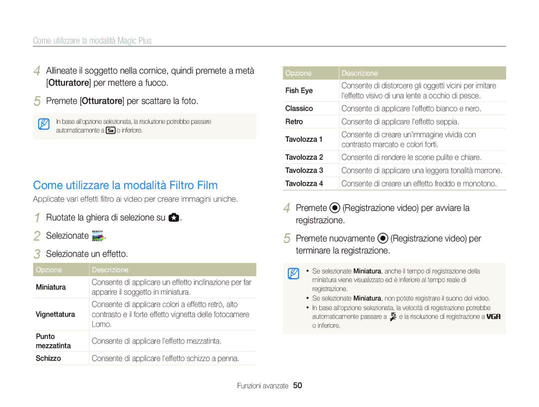 Samsung EC-WB150FDDWME manual Come utilizzare la modalità Filtro Film, Lomo, Leffetto visivo di una lente a occhio di pesce 