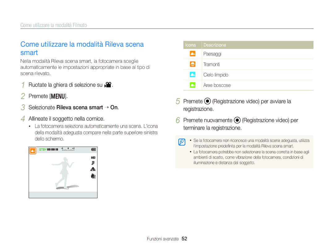 Samsung EC-WB150FBPBE1, EC-WB150FBPWE1, EC-WB150FDDBME manual Icona Descrizione, Paesaggi Tramonti Cielo limpido Aree boscose 