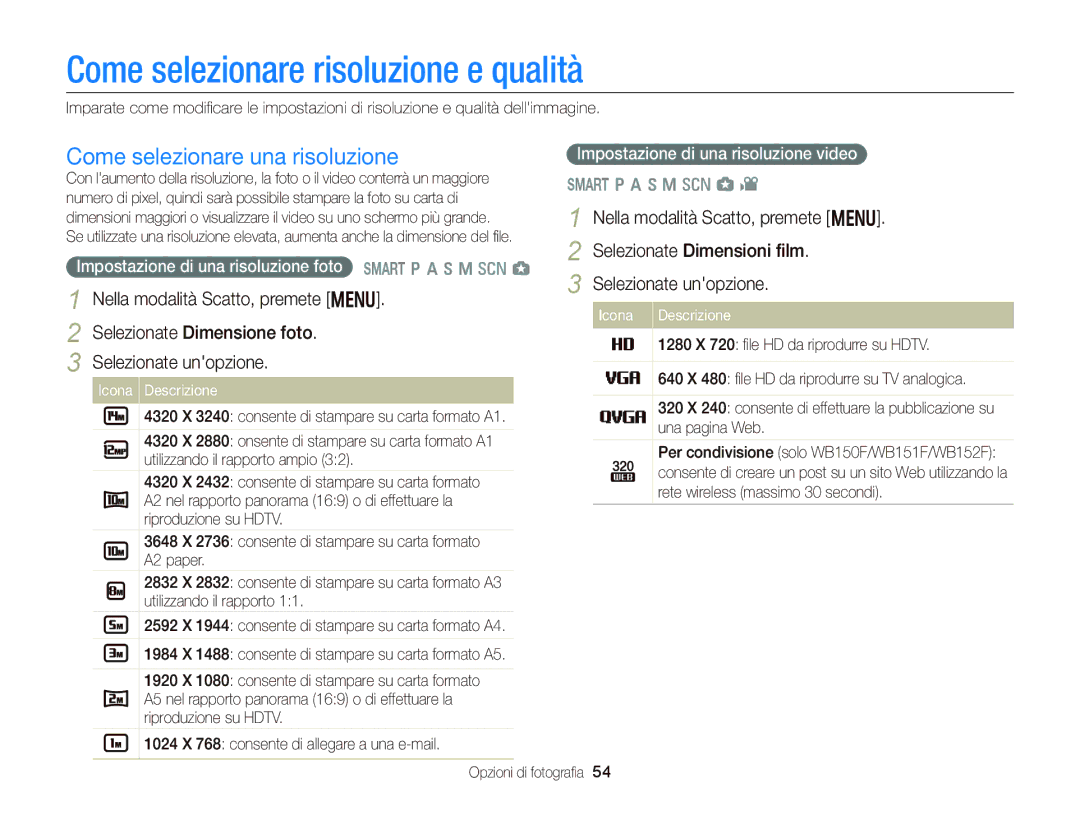 Samsung EC-WB150FDDWME Come selezionare risoluzione e qualità, Come selezionare una risoluzione, Opzioni di fotograﬁa 