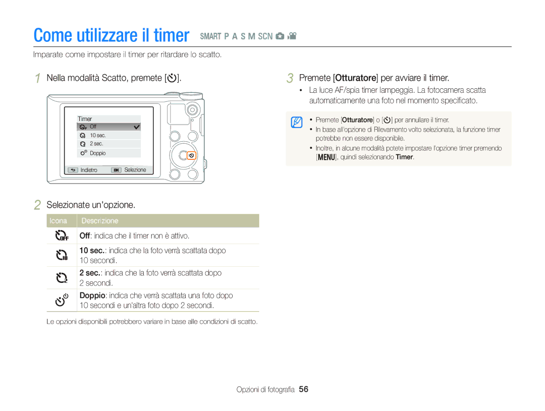 Samsung EC-WB150FBPBE1, EC-WB150FBPWE1 manual Come utilizzare il timer T p a h M s g, Nella modalità Scatto, premete t 