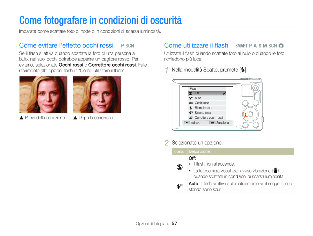 Samsung EC-WB150FDDBME, EC-WB150FBPWE1 Come fotografare in condizioni di oscurità, Come evitare leffetto occhi rossi p s 