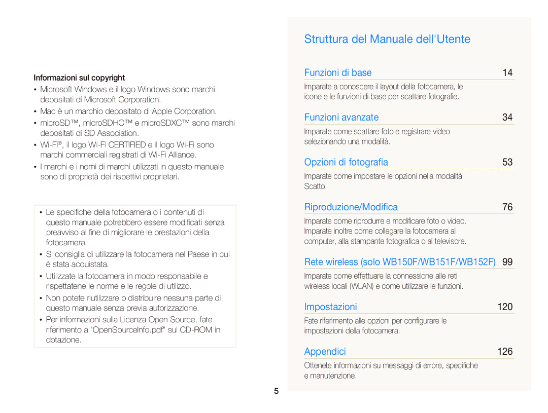 Samsung EC-WB150FDDBME, EC-WB150FBPWE1, EC-WB150FBPBE1 manual Struttura del Manuale dellUtente, 120, 126, Manutenzione 