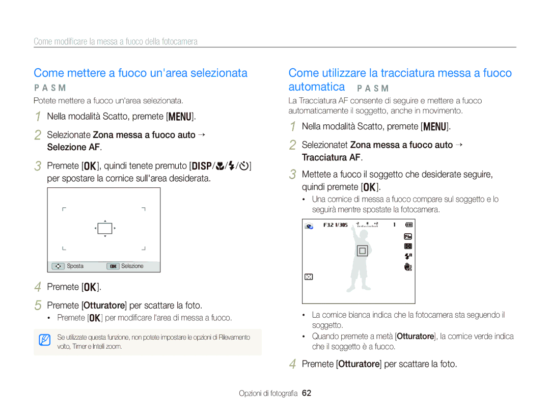 Samsung EC-WB150FDDWME Come mettere a fuoco unarea selezionata, Come utilizzare la tracciatura messa a fuoco automatica 